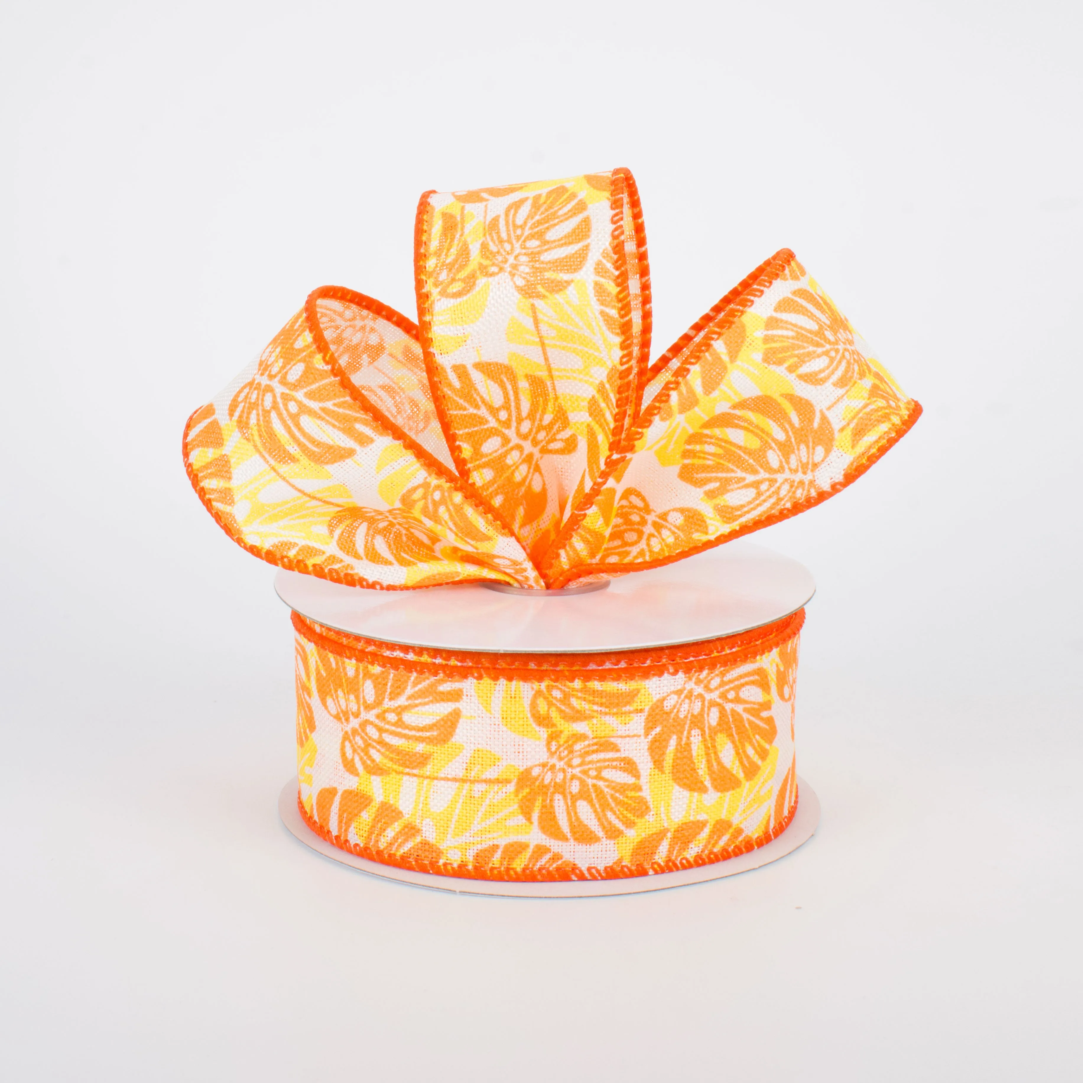 1.5" Tropical Philodendron Leaves Ribbon: Orange (10 Yards)