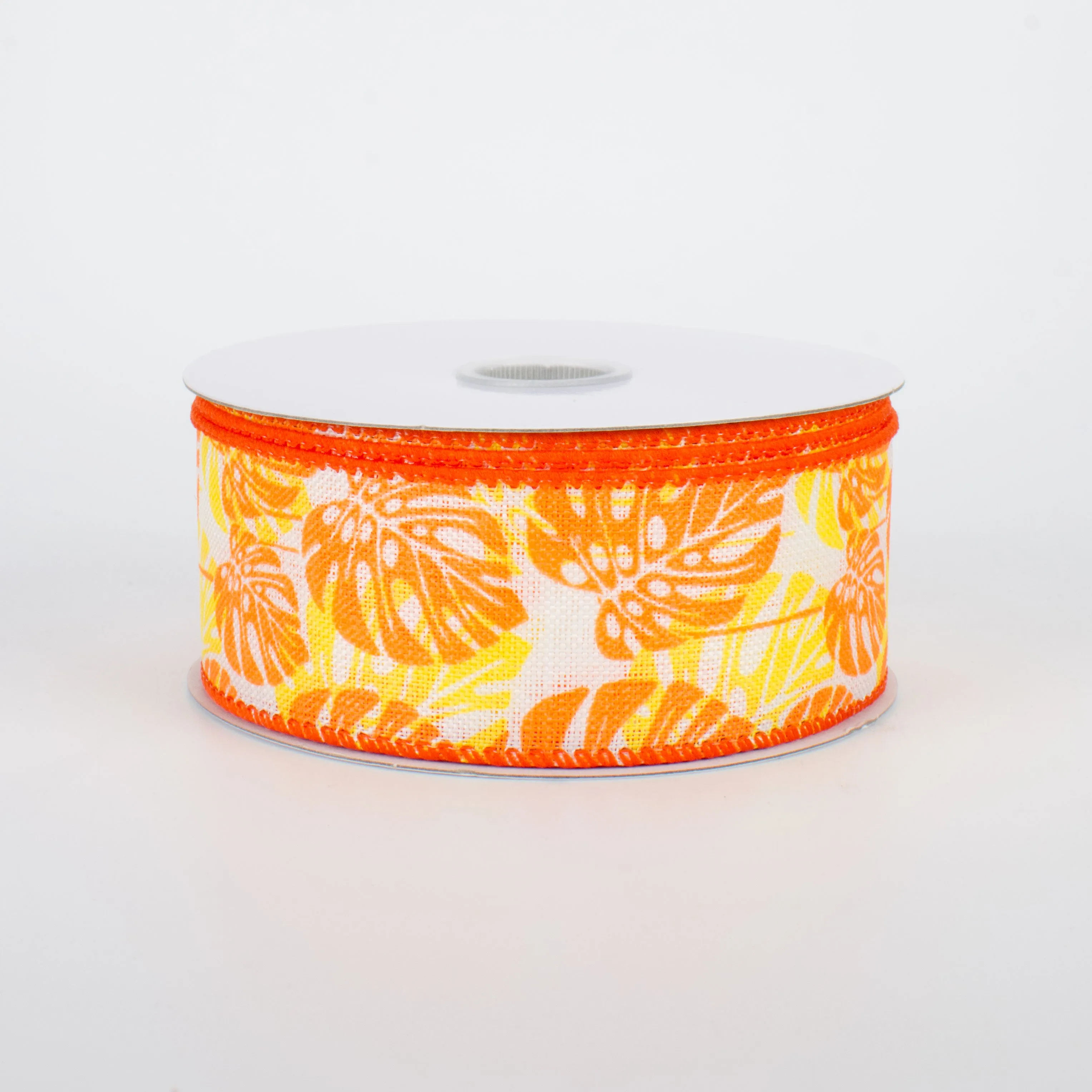 1.5" Tropical Philodendron Leaves Ribbon: Orange (10 Yards)