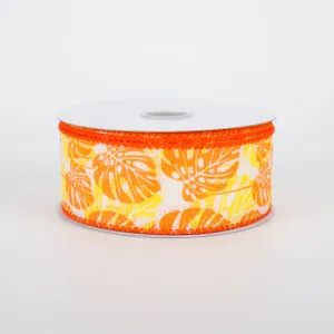 1.5" Tropical Philodendron Leaves Ribbon: Orange (10 Yards)