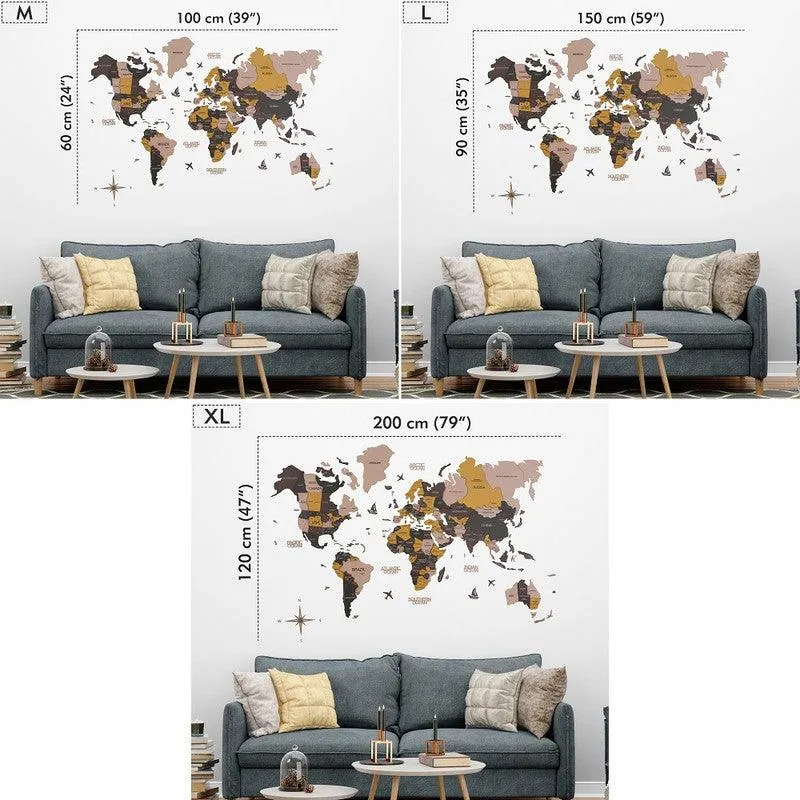 3D Colored Wooden World Map Shabby Chic Neutrals Prime