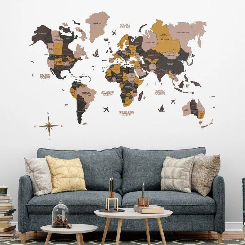 3D Colored Wooden World Map Shabby Chic Neutrals Prime