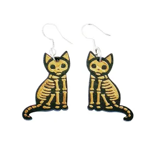 925 Silver Needle Halloween Black and Yellow Cat Wooden Earrings