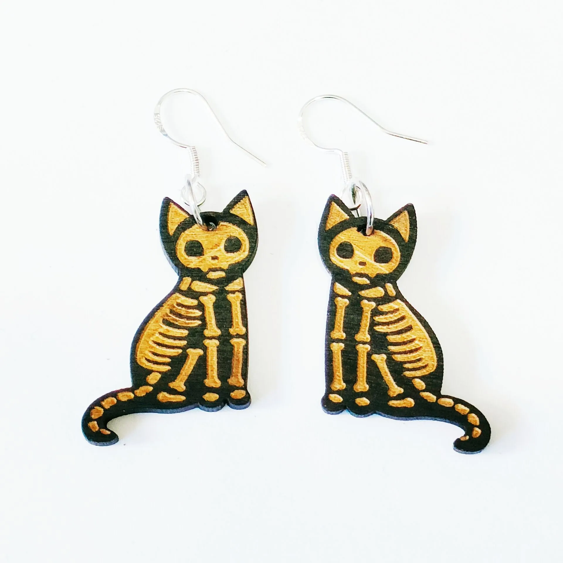 925 Silver Needle Halloween Black and Yellow Cat Wooden Earrings