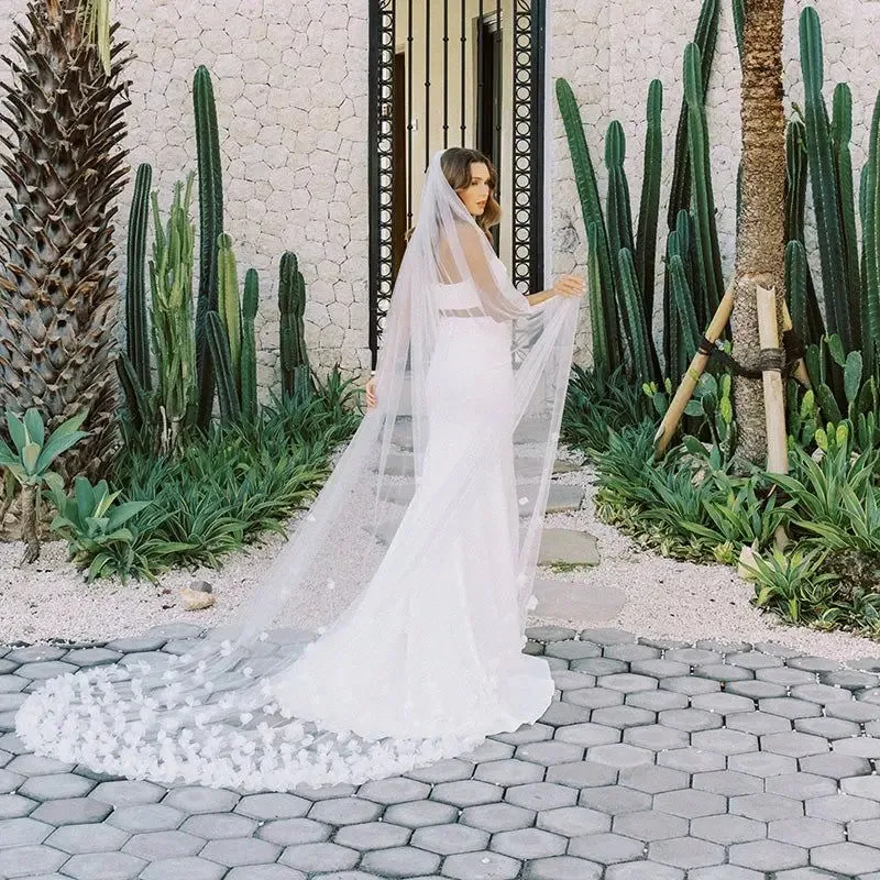 Billowing 3D Floral Extra Long Royal Bridal Veil Cathedral Length 1 Tier