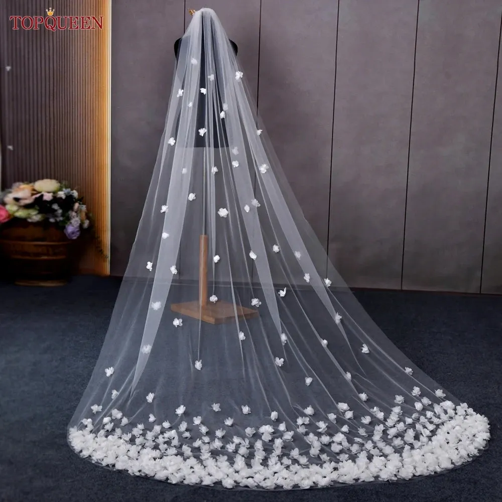 Billowing 3D Floral Extra Long Royal Bridal Veil Cathedral Length 1 Tier