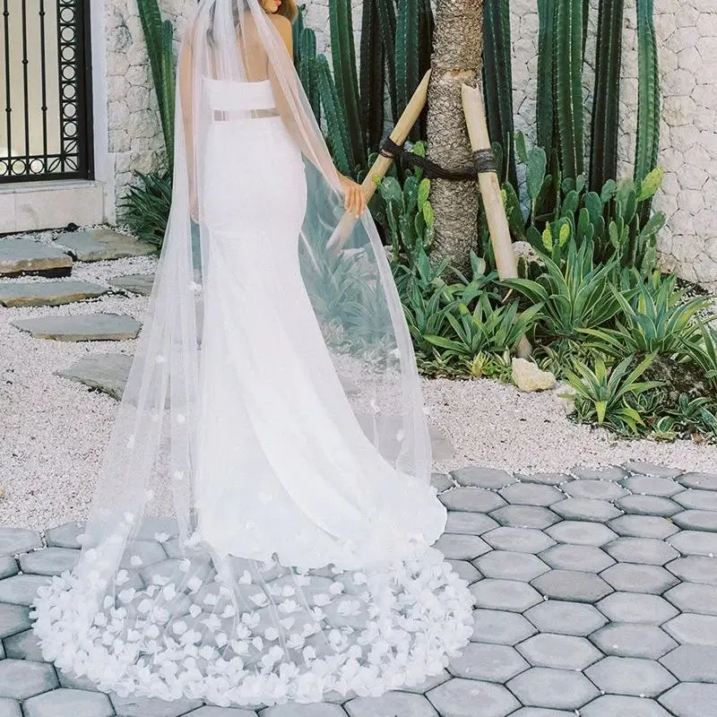 Billowing 3D Floral Extra Long Royal Bridal Veil Cathedral Length 1 Tier