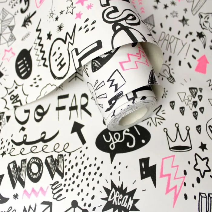 Kids Doodle Wallpaper - White/Neon Pink