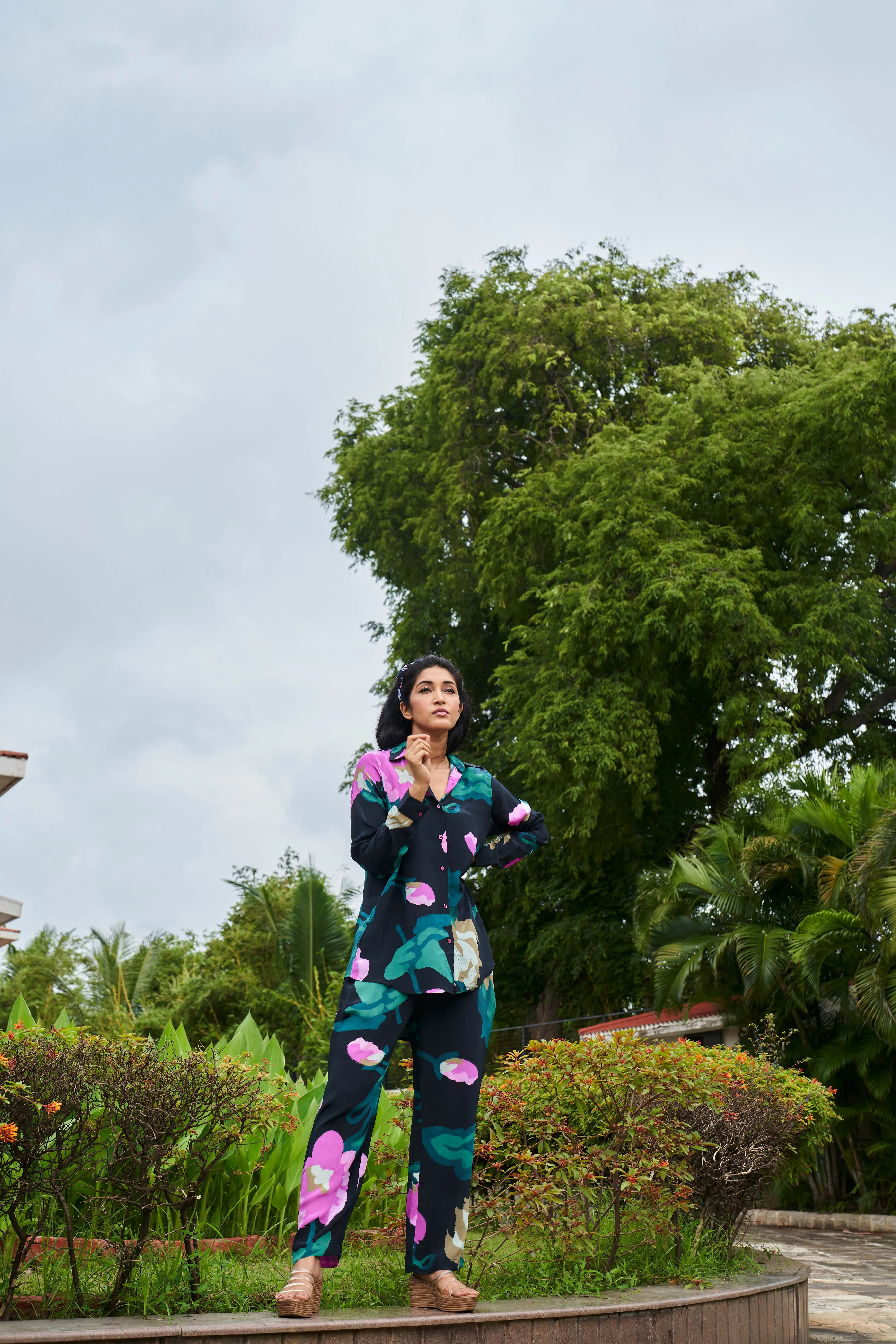 Natural Crepe Ebony Floral Co-Ord Set