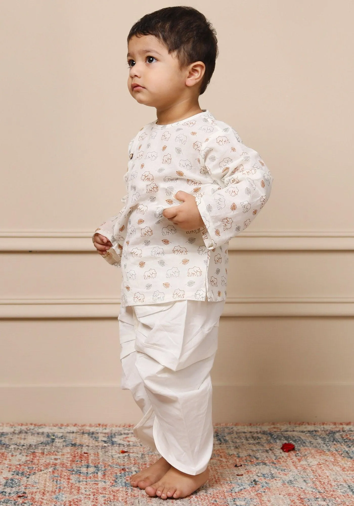 Polka Tots 100% Super Soft Cotton Full SLeeve Elephant Print Angrakha & Dhoti Set - White & Mustard