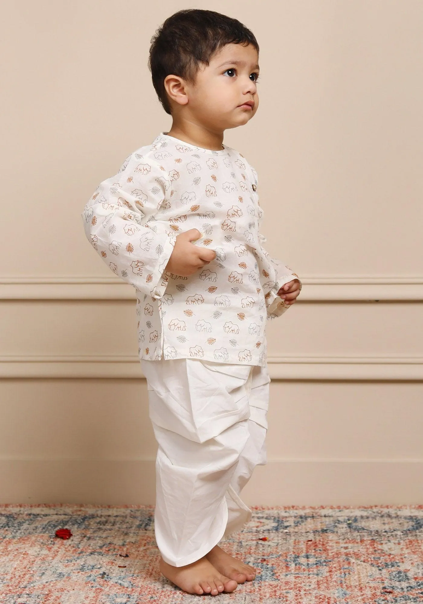 Polka Tots 100% Super Soft Cotton Full SLeeve Elephant Print Angrakha & Dhoti Set - White & Mustard