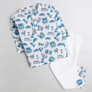 Polka Tots Kurta Pajama for Kids 100% Super Soft Cotton Night Suits for Boys & Girls Vehicle - Blue