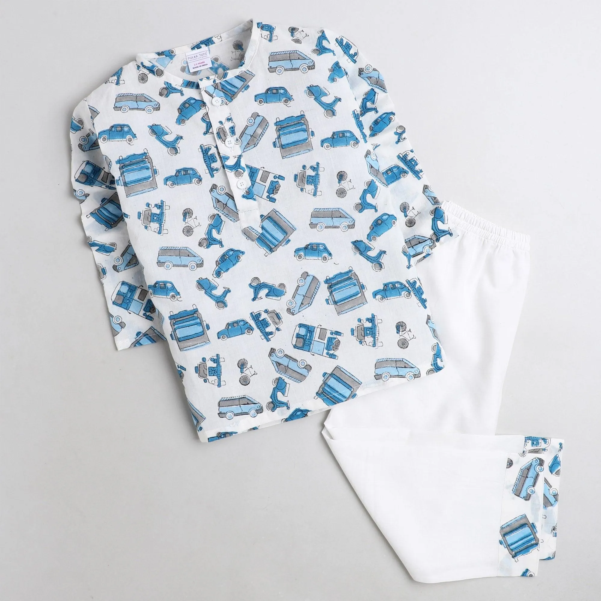 Polka Tots Kurta Pajama for Kids 100% Super Soft Cotton Night Suits for Boys & Girls Vehicle - Blue