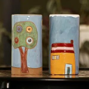 Set of 2 Painted Naïf Urbanscape-Themed Ceramic Shot Glasses - Urban Elixir | NOVICA