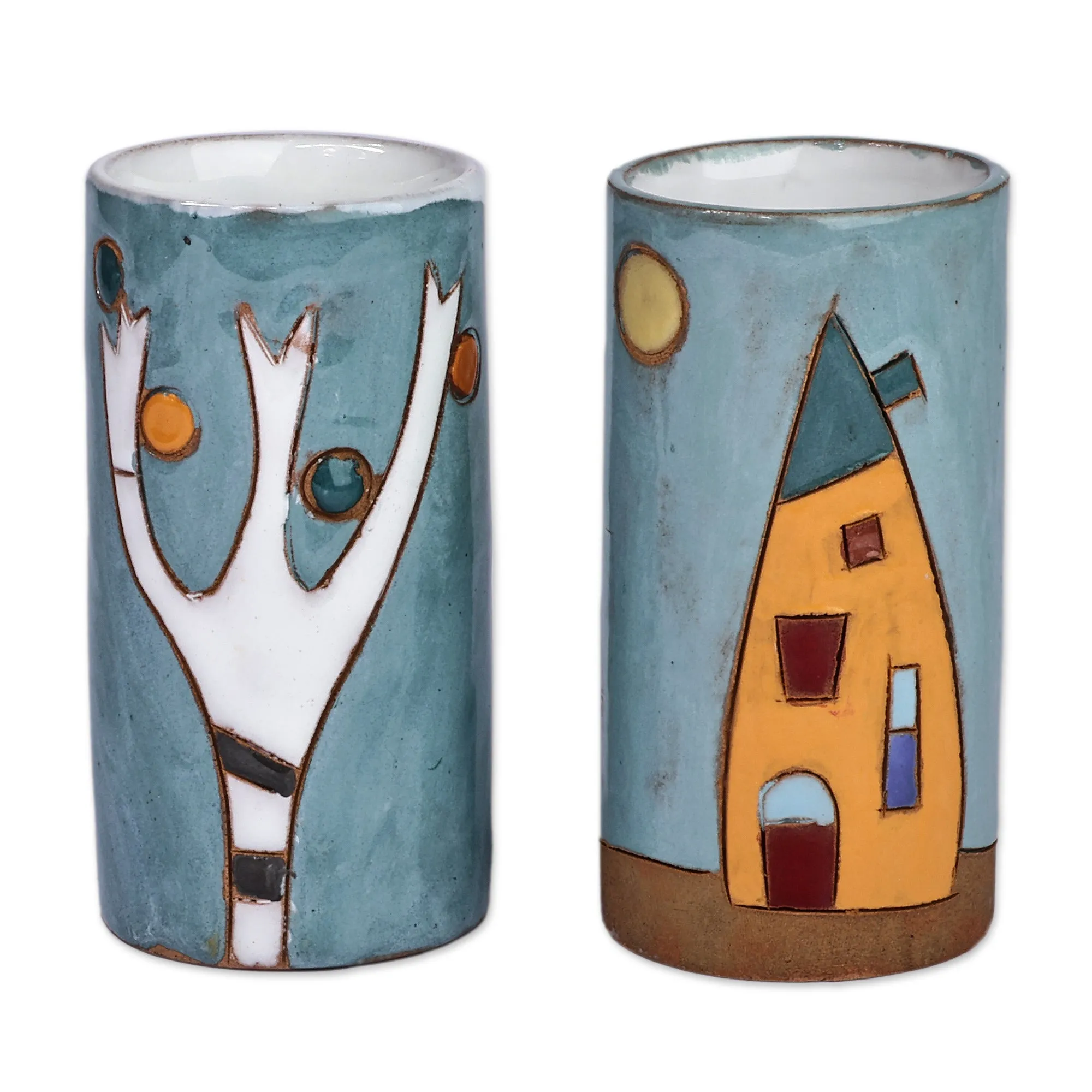 Set of 2 Painted Naïf Urbanscape-Themed Ceramic Shot Glasses - Urban Elixir | NOVICA