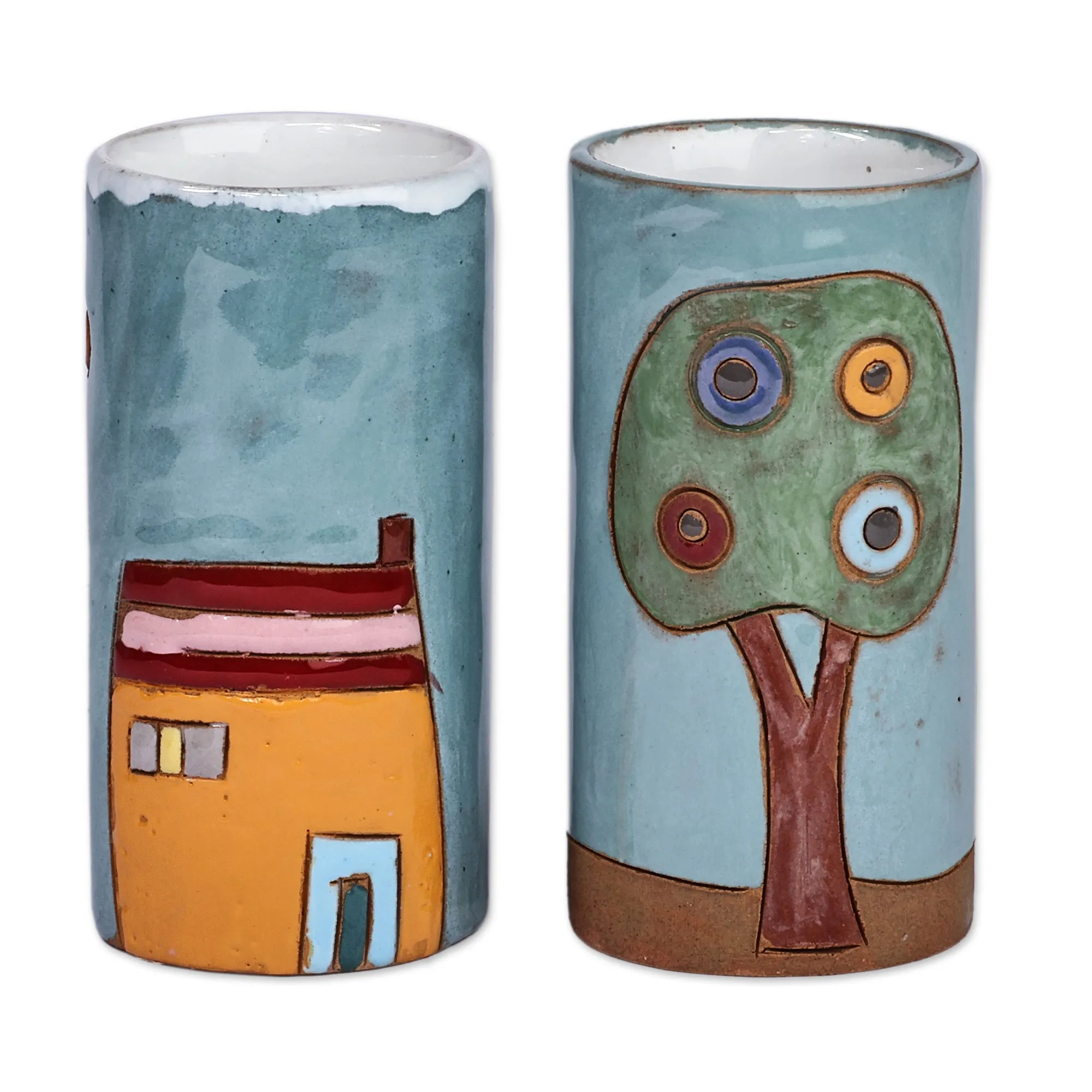 Set of 2 Painted Naïf Urbanscape-Themed Ceramic Shot Glasses - Urban Elixir | NOVICA
