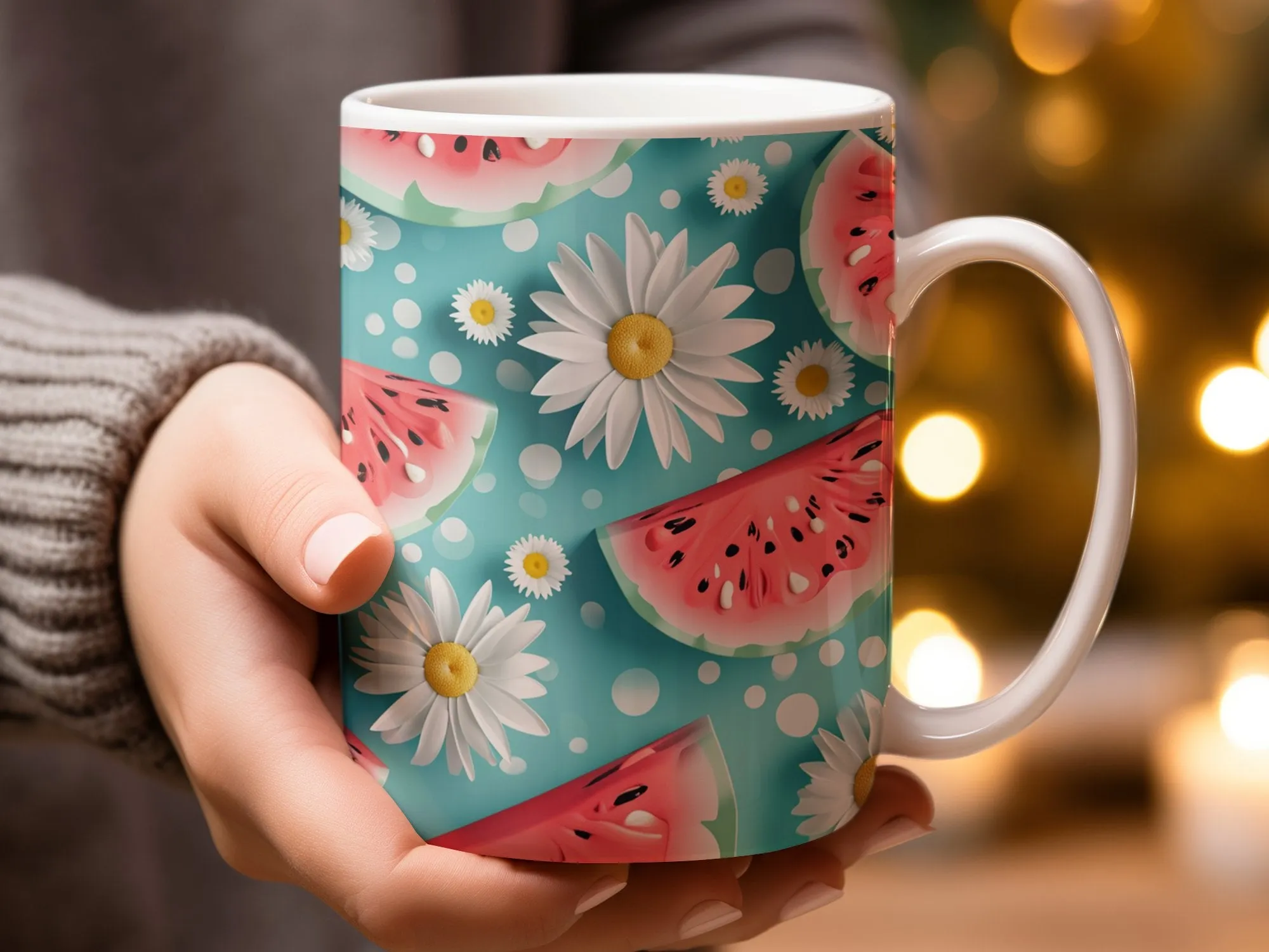 Summer Watermelon and Daisy Pattern Mug, Cute Floral Fruit Coffee Cup, Tropical Kitchen Decor, Refreshing Beverage Holder Gift