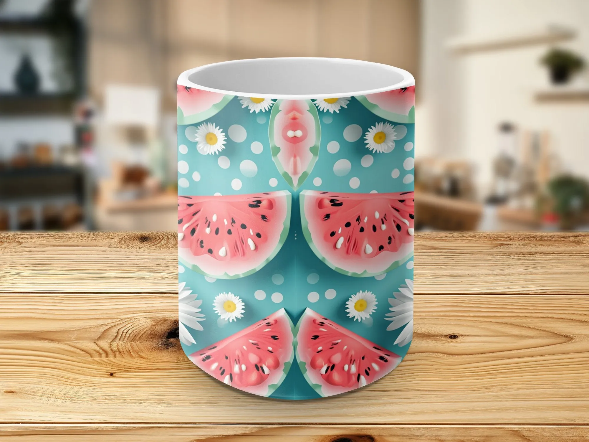 Summer Watermelon and Daisy Pattern Mug, Cute Floral Fruit Coffee Cup, Tropical Kitchen Decor, Refreshing Beverage Holder Gift